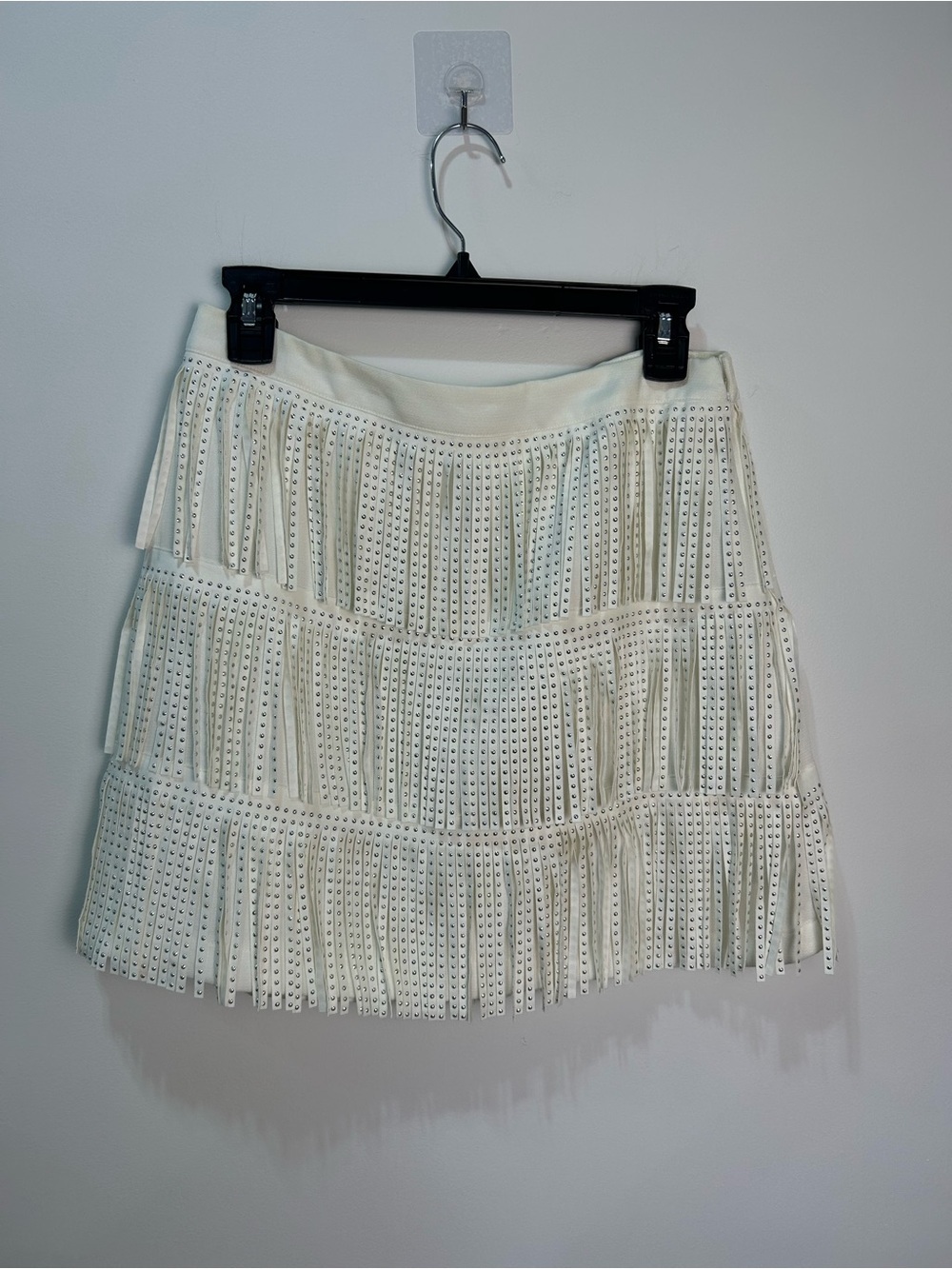 Main Strip White Eyelet Fringe Mini Skirt